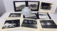 Matted black & white photos & milk-glass lampshade
