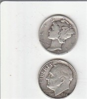 Two 90% Silver US Ten Cent Coins