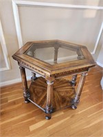 Vintage Hexagonal Woid & Glass Side Table