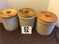 (3) Early 1 Gallon Crock Canisters with Wooden