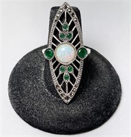 Large Sterling Emerald/Fire Opal Ring 7 Gr S-6.75