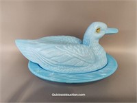 Contemporary Blue Milk Glass Duck On Nest