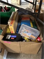 LARGE BOX OF MISC GAMES / OFFICE SUPPLY ETC