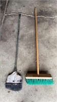 Two Hard bristle brooms, one push broom, one