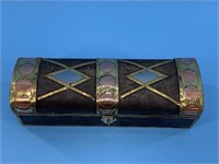 Hardwood box 9" long x 3.5" wide copper and brass