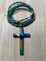 STERLING SILVER TURQUOISE NECKLACE W STONE CROSS