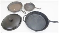 Grouping of Cast Iron Skillets & Lid, One Lodge
