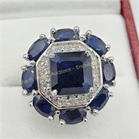 Sterling silver sapphire (7.40cts) & zircon ring