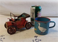 Old Tin Car w Enamel Cup