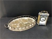 Brass tray with bamboo rim & brass clock