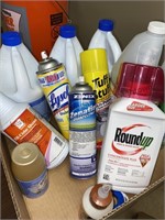 Box of assorted cleaning supplies bleach, Lysol