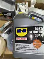 Box of assorted cleaning supplies WD 40 remover