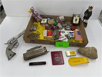 Lot- advertising toy gun tin crank Gulf harmonica
