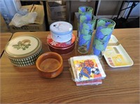 Misc. Tins, Small Tray, Resin Glasses