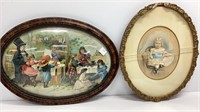 2 oval frame prints, lithographs of children,