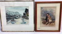 2 signed watercolor pictures, largest is Alpine