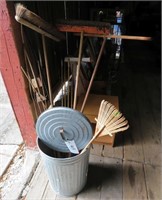 Trash Can w/ brooms, stakes & more