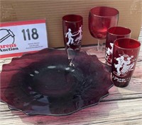 RED GLASS PLATTER-GLASSES-GOBBLET