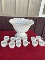 Fenton large white hobnail punch bowl/cups