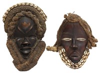 (2) WEST AFRICAN CARVED WOOD & COWRIE SHELL MASKS