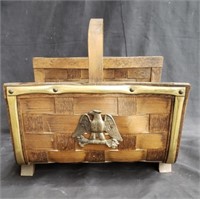 Vintage woven wood log basket with brass eagle