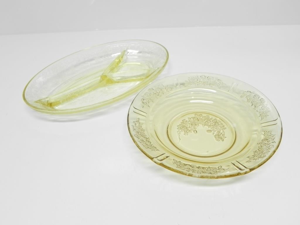 YELLOW DEPRESSION GLASS SERVING PLATE & BOWL