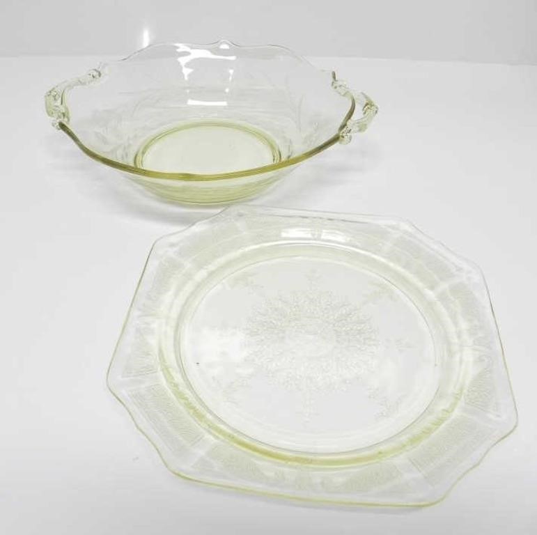 YELLOW ETCHED DEPRESSION GLASS BOWL & PLATE