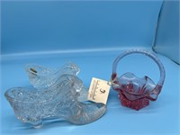 Fenton Glass Shoes And Small Glass Basket