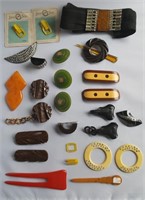 Bakelite pins, pieces, buckles, hair accents