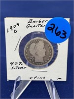 1909-D Barber Quarter 90% Silver Very Fine