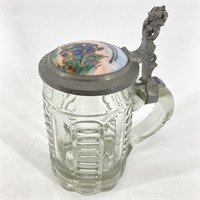 German Glass Beer Stein - Hand Painted Lid