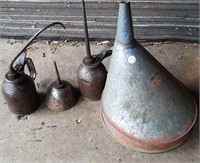 Delphos metal funnel and 3 oil cans