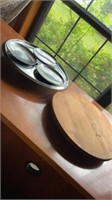 Wood lazy Susan, silver cake stand, triple