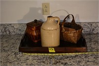 476: Serving tray, baskets, stoneware jug 9.5in H