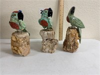 3 Carved Stone Parrots on Mineral Bases 7"H