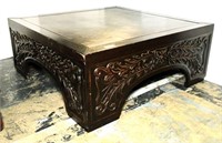 Large Leather Inset Top Coffee Table with Carved