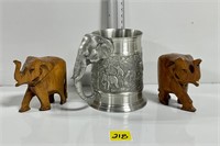 Pewter Elephant Handled Mug Pair Vtg Wood Elephant