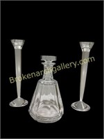 Baccarat Decanter, Pair Crystal Candle Sticks