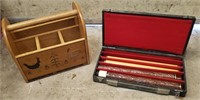 Lot with Wooden Basket & Pool Cue