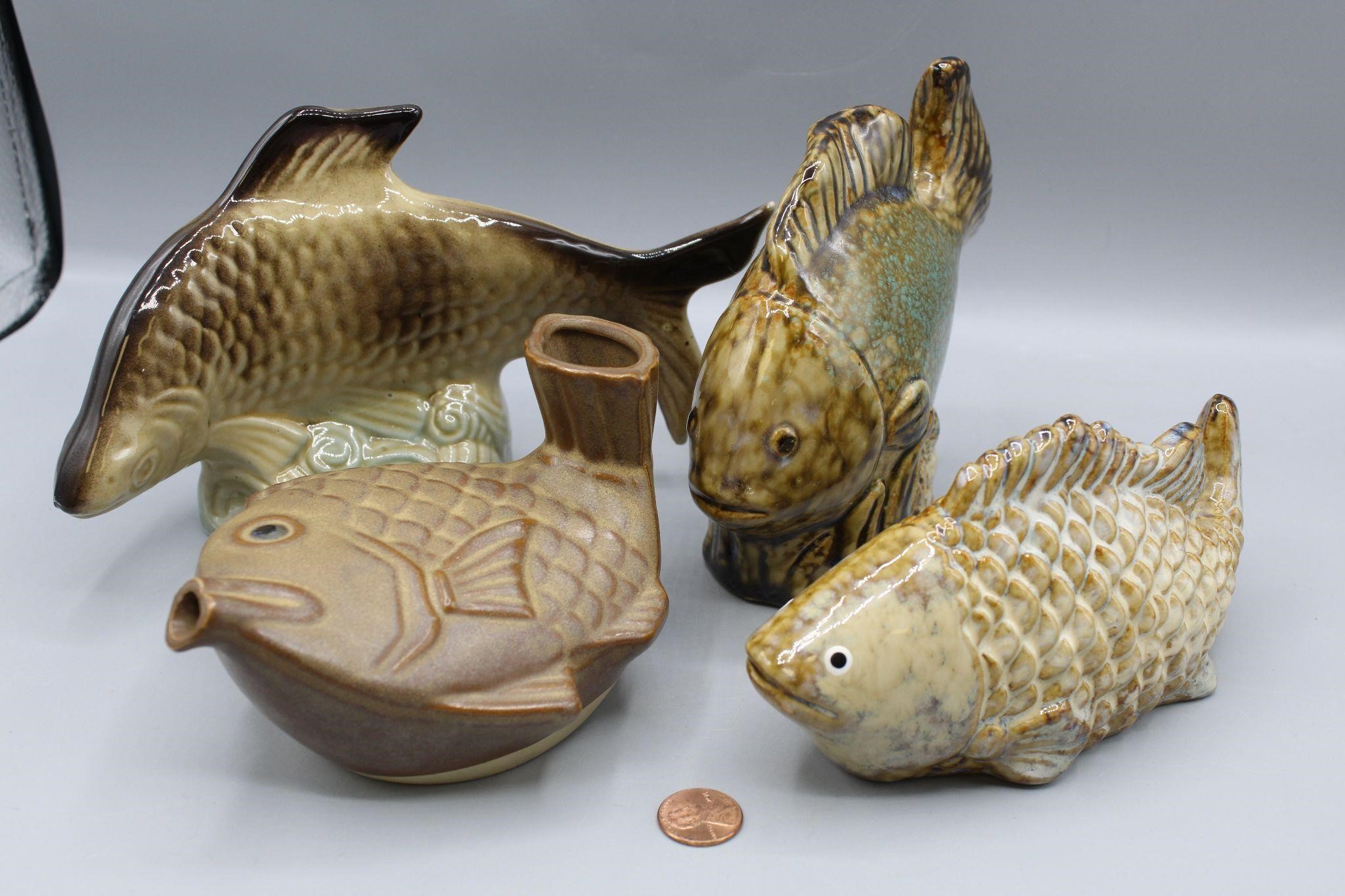 4 Pcs. MCM & Studio Art Pottery Brown Fish