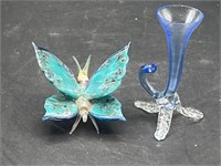 Small mini art glass butterfly and vase
