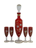 5 Pc. Vintage Hand Painted Red Glass Decanter Set