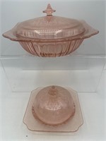 Pink depression glass cover dish & butter dish