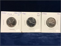 1980, 81, 82 Can Quarters  Unc. SP65