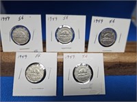 5- 1949 CANADA 5 CENT COINS