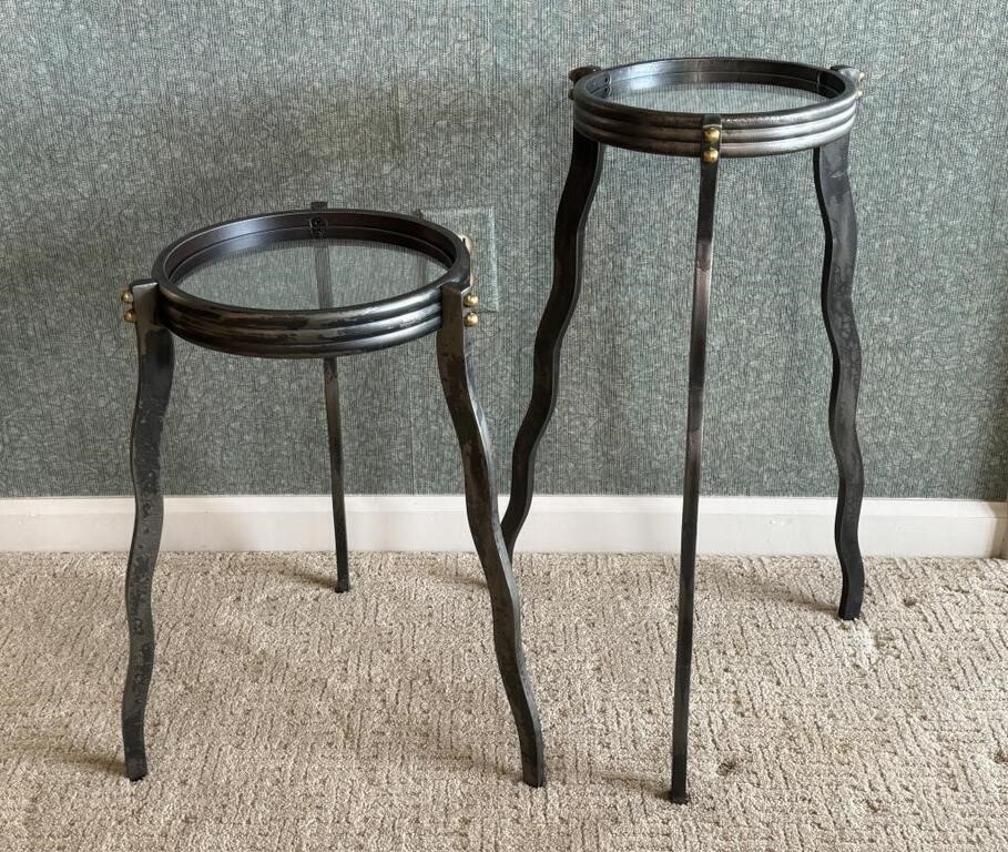 Two Will Stone Modern Iron & Glass Side Tables