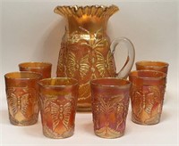 Carnival Glass Butterfly Design Pitcher & Six Cups