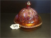 ROUND CARNIVAL GLASS BUTTER DISH WITH LID