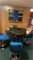 VINTAGE GLASS TOP GAME TABLE W/ 4 CHAIRS AND SHELF