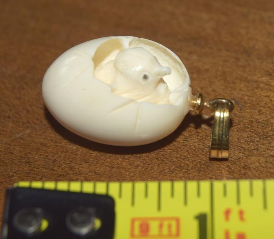 Vtg Carved Ivory Hatching Chick Egg Pendant